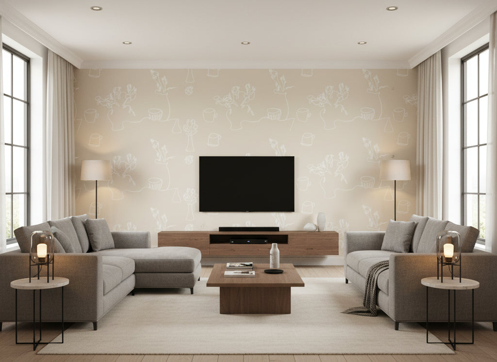 Tabletop beige | Romo - Living Room Visualization (AI-generated, may not be to scale. Verify pattern scale with product specifications.)