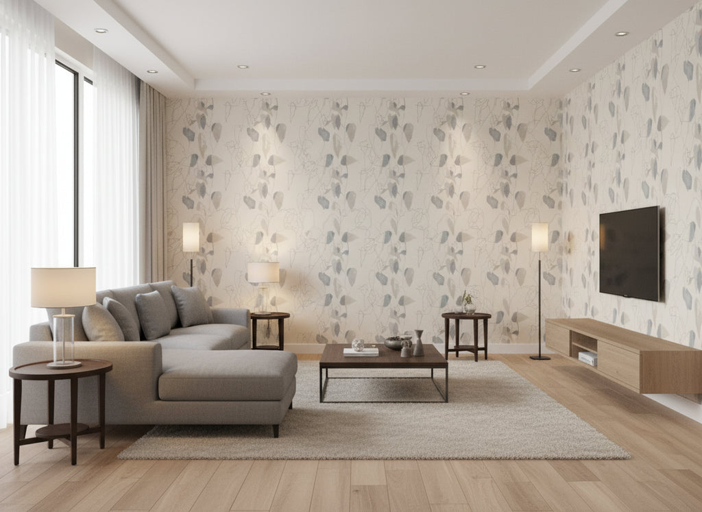 Liana Birch | Romo - Living Room Visualization (AI-generated, may not be to scale. Verify pattern scale with product specifications.)