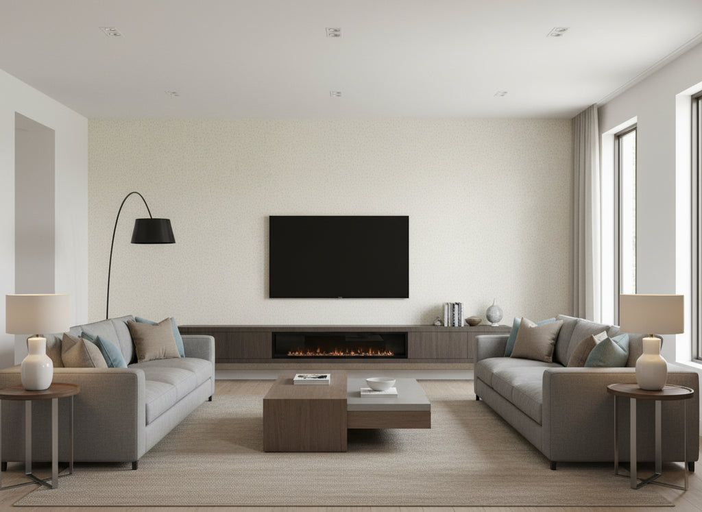Speckle ivory | Romo - Living Room Visualization (AI-generated, may not be to scale. Verify pattern scale with product specifications.)