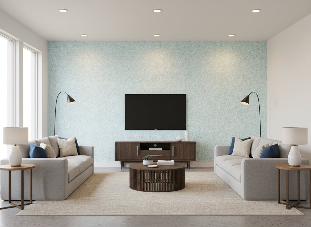Speckle light blue | Romo - Living Room Visualization (AI-generated, may not be to scale. Verify pattern scale with product specifications.)