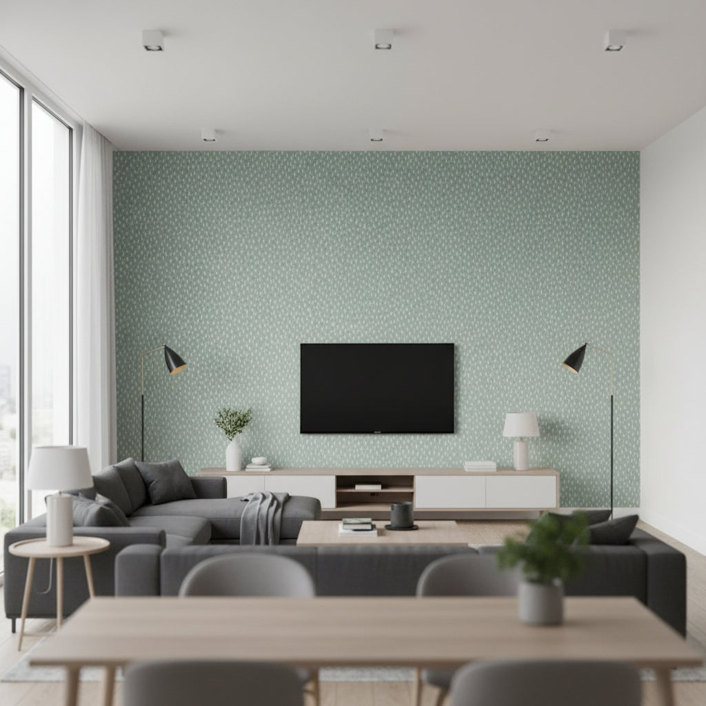 Speckle seafoam green | Romo - Living Room Visualization (AI-generated, may not be to scale. Verify pattern scale with product specifications.)