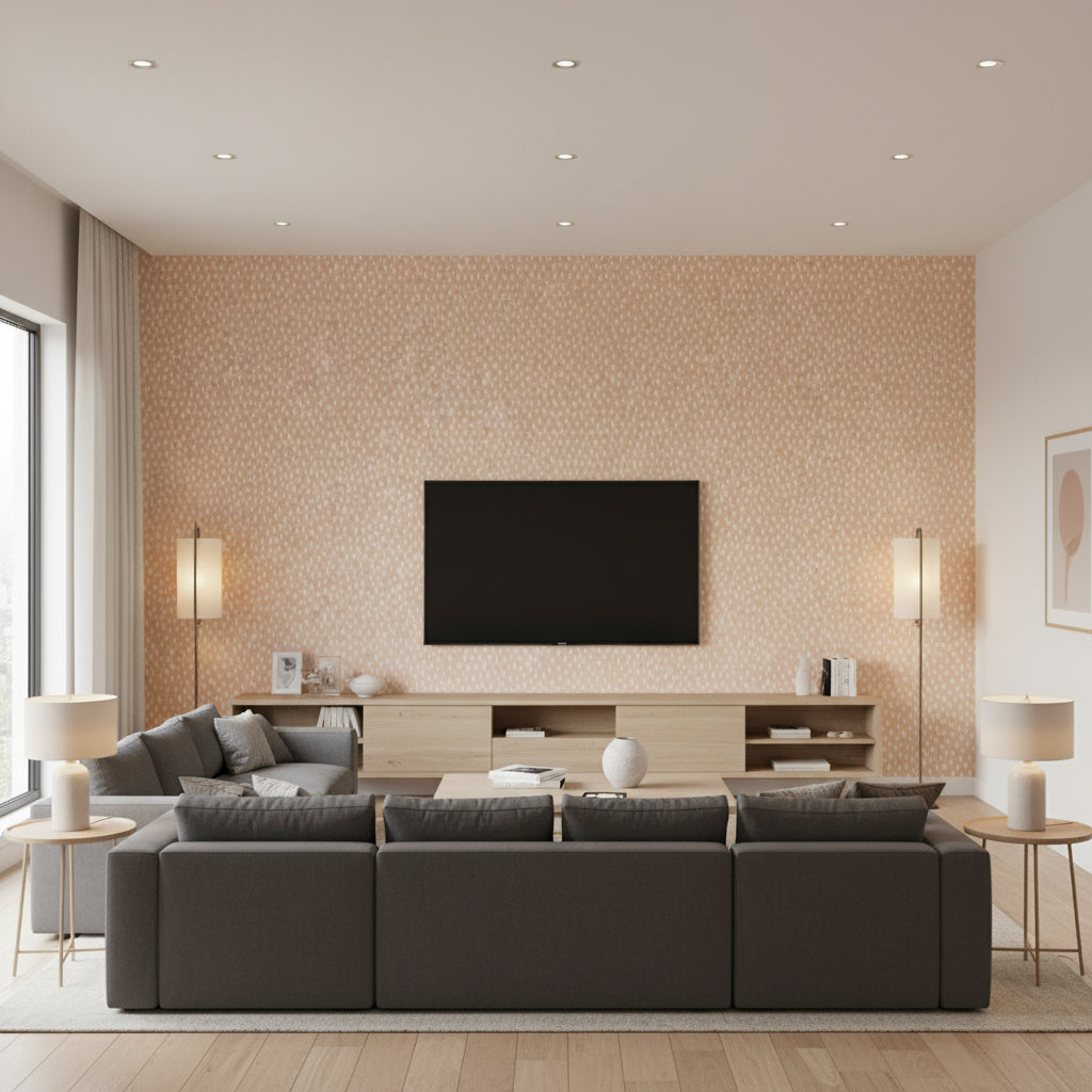 Speckle coral | Romo - Living Room Visualization (AI-generated, may not be to scale. Verify pattern scale with product specifications.)