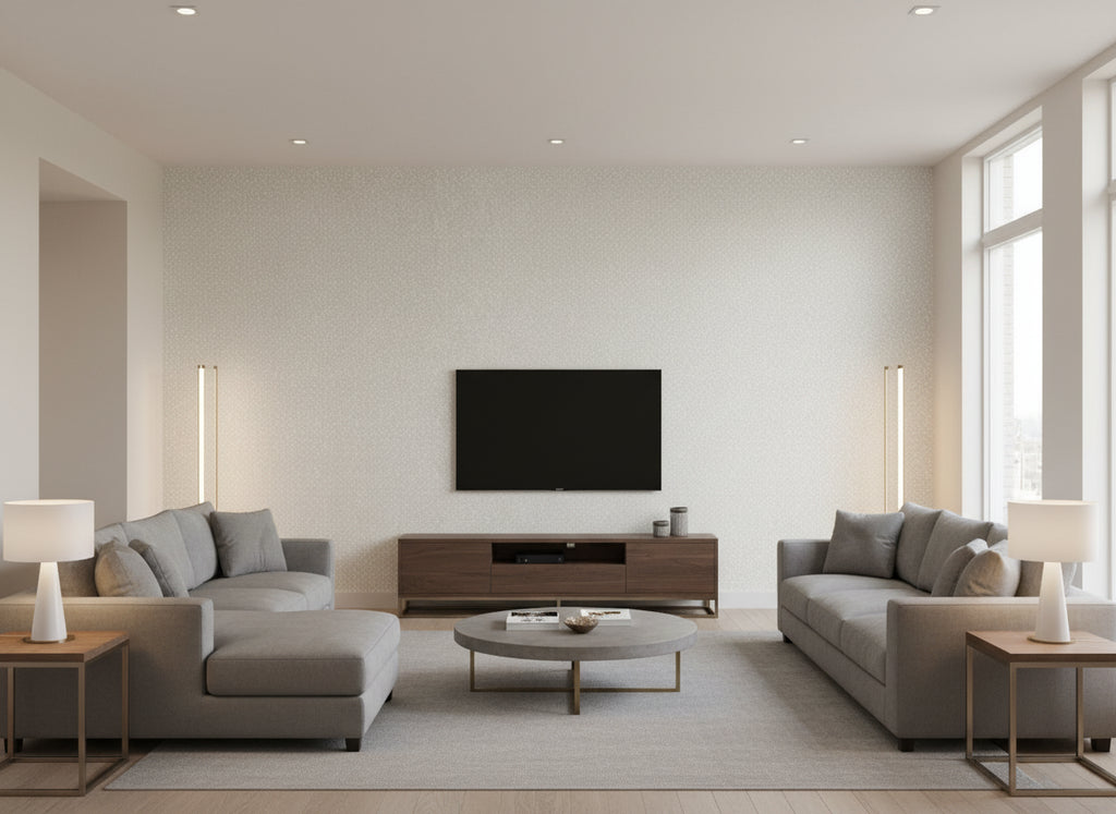 Speckle ivory | Romo - Living Room Visualization (AI-generated, may not be to scale. Verify pattern scale with product specifications.)