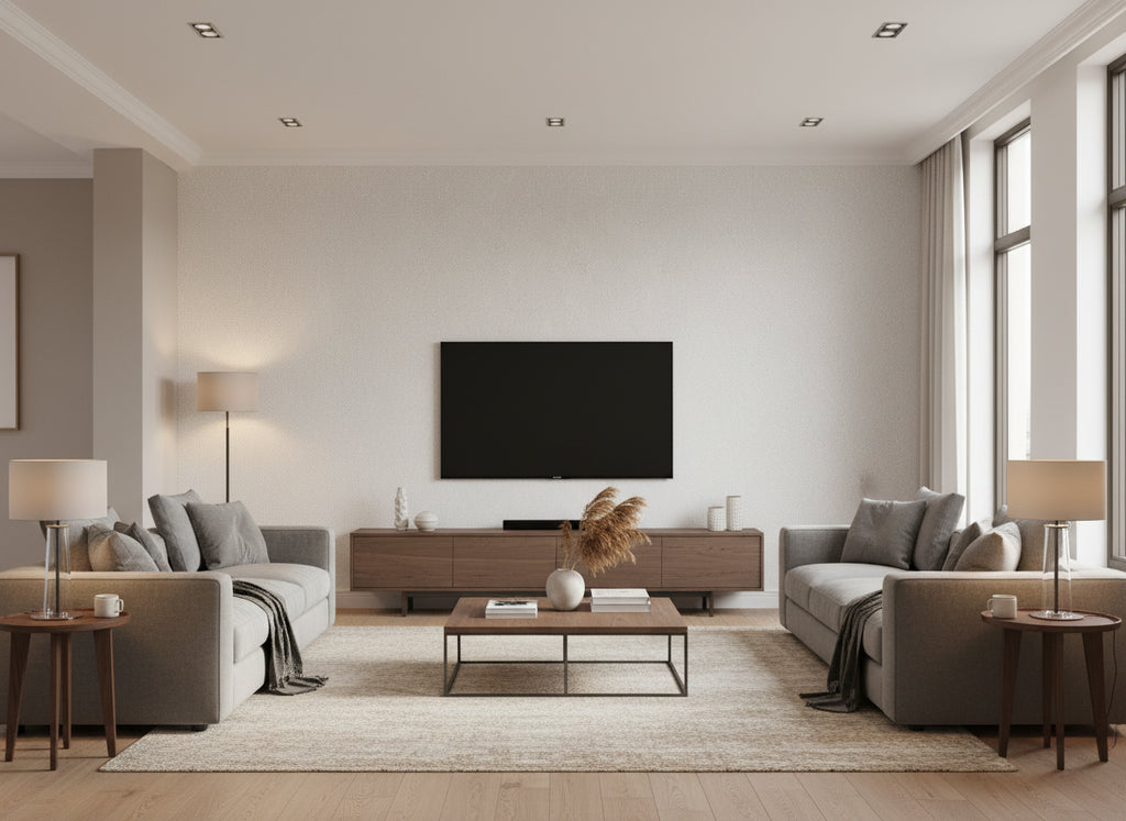 Speckle ivory | Romo - Living Room Visualization (AI-generated, may not be to scale. Verify pattern scale with product specifications.)