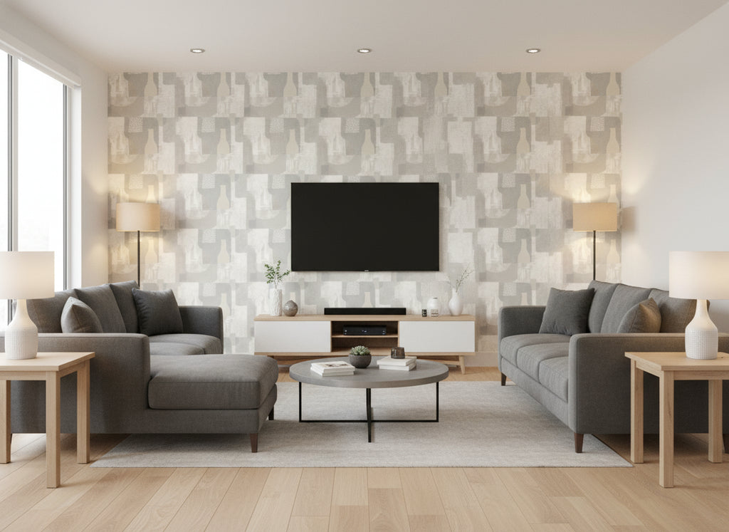 Still Life Cinder | Romo - Living Room Visualization (AI-generated, may not be to scale. Verify pattern scale with product specifications.)