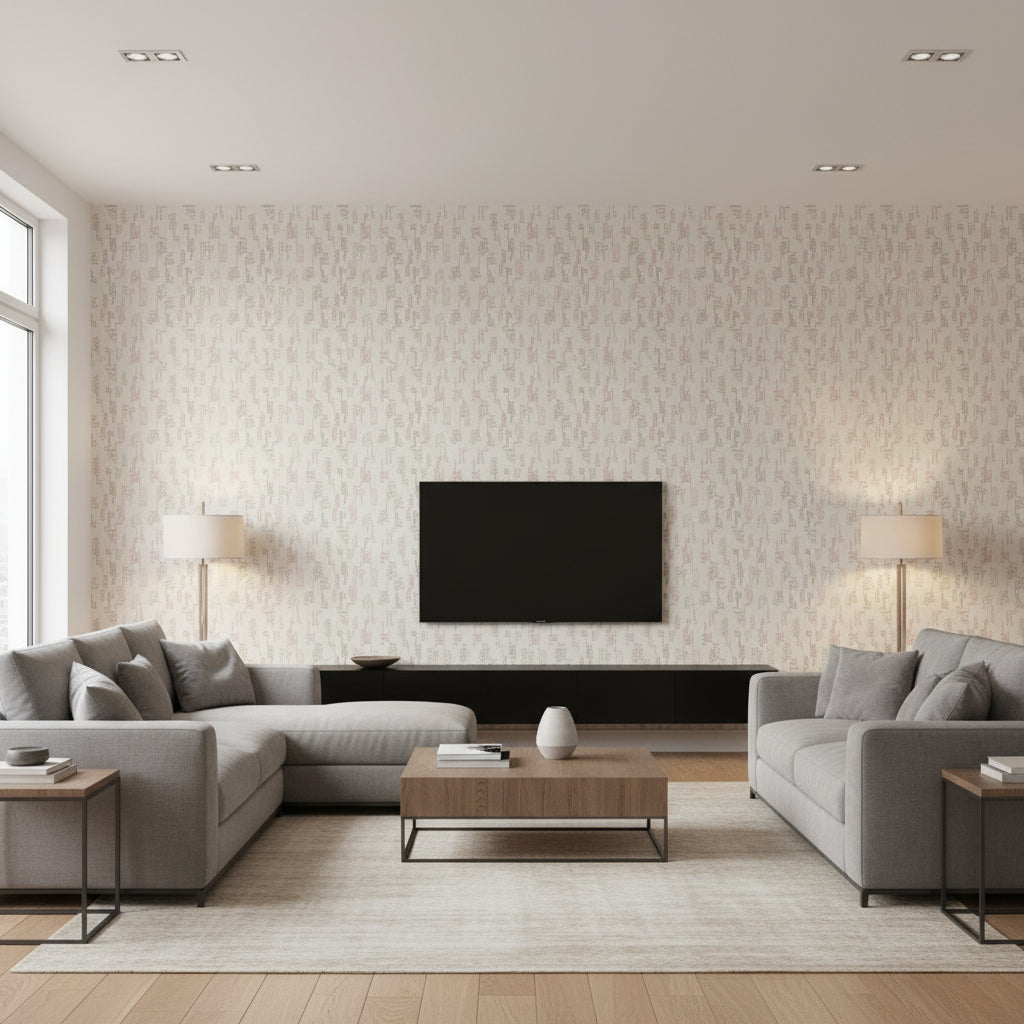 Broderie Plaster | Romo - Living Room Visualization (AI-generated, may not be to scale. Verify pattern scale with product specifications.)