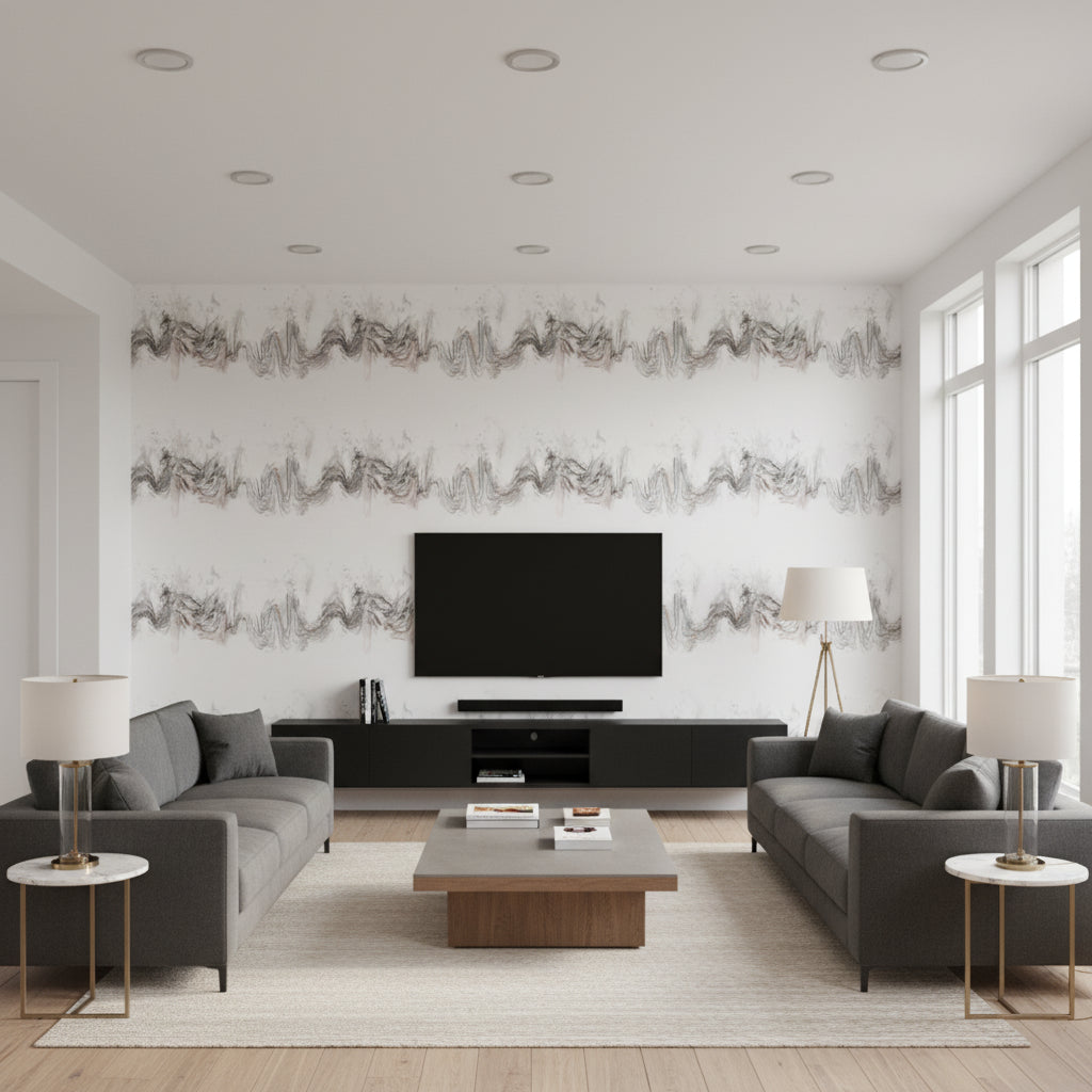Drifting Wall Mural gray | Romo - Living Room Visualization (AI-generated, may not be to scale. Verify pattern scale with product specifications.)