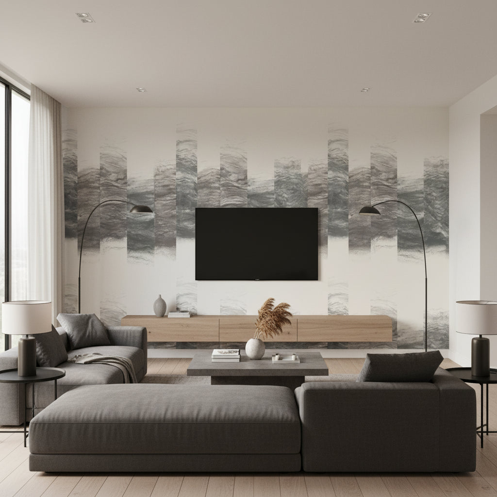 Shift Wall Mural Silica | Romo - Living Room Visualization (AI-generated, may not be to scale. Verify pattern scale with product specifications.)