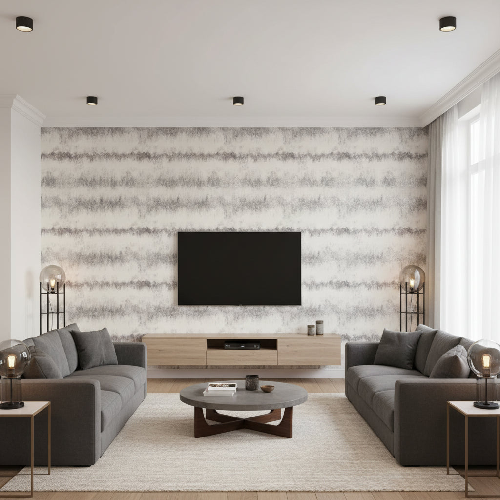 Ombre Silica | Romo - Living Room Visualization (AI-generated, may not be to scale. Verify pattern scale with product specifications.)