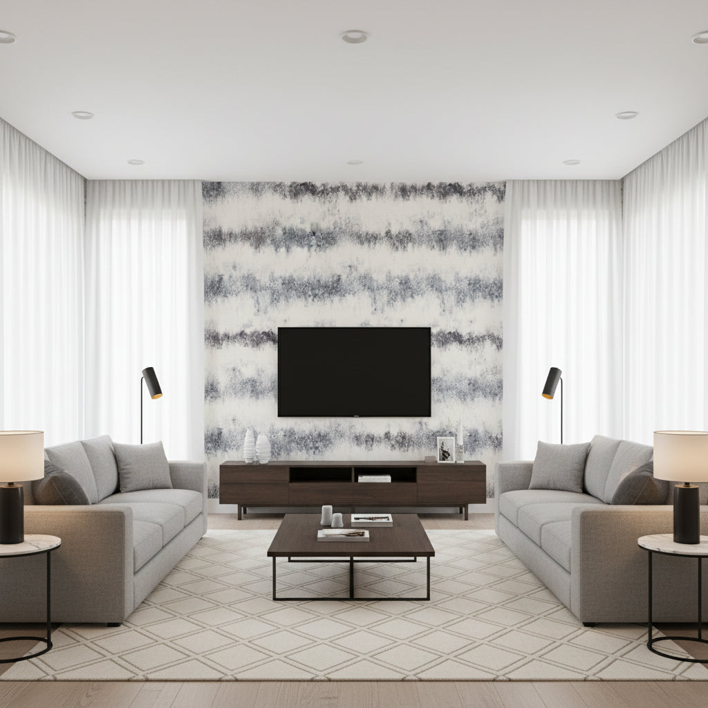 Ombre Celadon | Romo - Living Room Visualization (AI-generated, may not be to scale. Verify pattern scale with product specifications.)