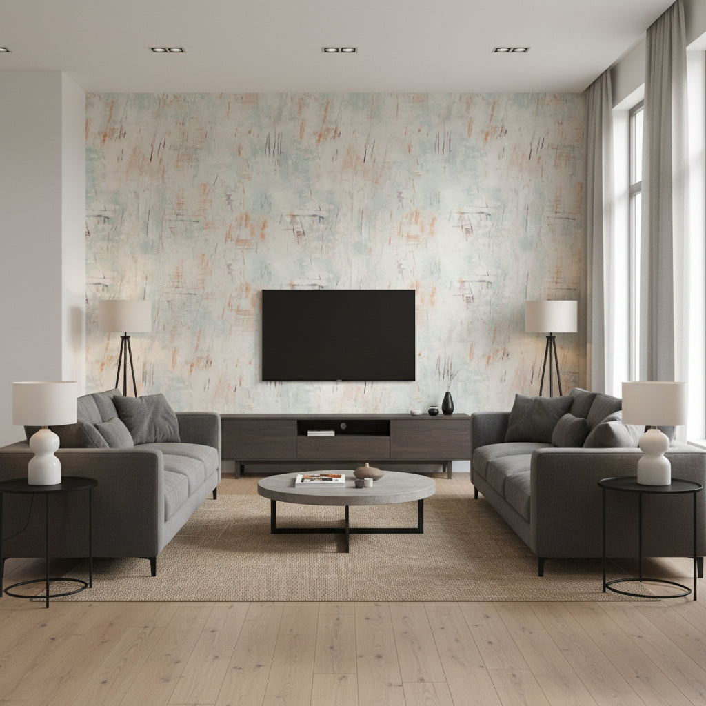 Sgraffito Sienna | Romo - Living Room Visualization (AI-generated, may not be to scale. Verify pattern scale with product specifications.)