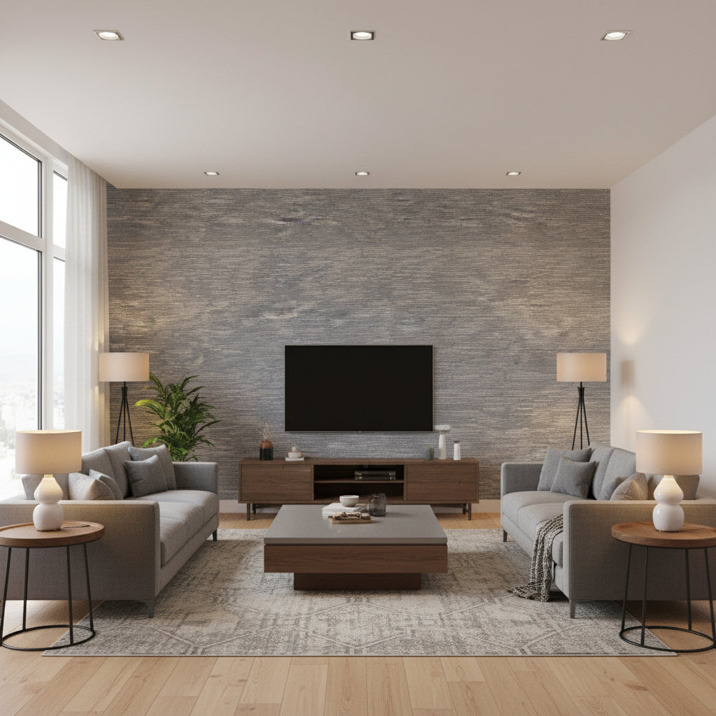 Idyll Ink | Romo - Living Room Visualization (AI-generated, may not be to scale. Verify pattern scale with product specifications.)