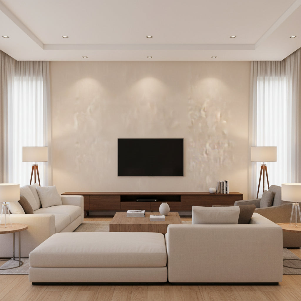 Daze Cashew | Romo - Living Room Visualization (AI-generated, may not be to scale. Verify pattern scale with product specifications.)
