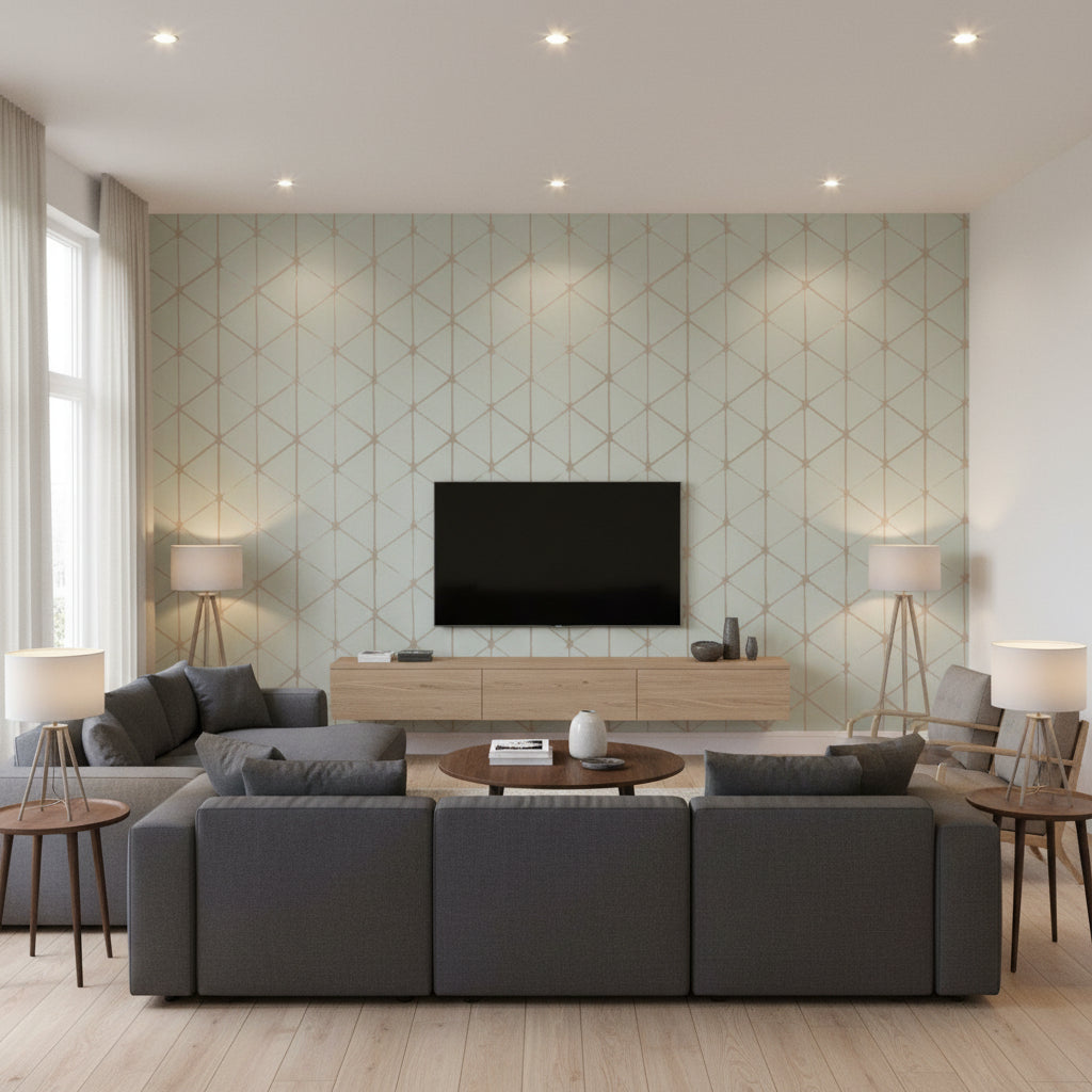 Haldon pale green | Romo - Living Room Visualization (AI-generated, may not be to scale. Verify pattern scale with product specifications.)