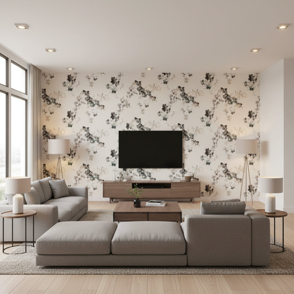 Reverie Lustre | Romo - Living Room Visualization (AI-generated, may not be to scale. Verify pattern scale with product specifications.)