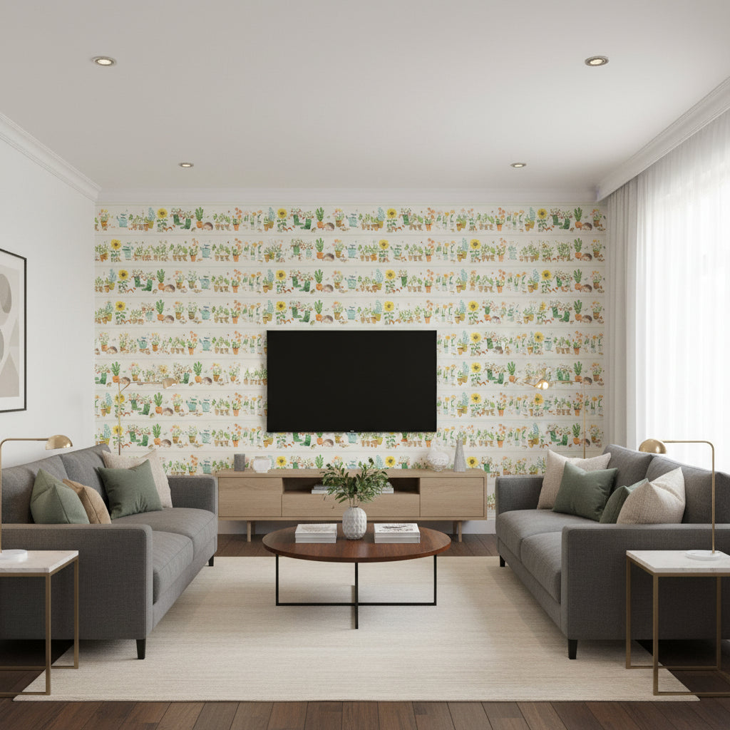 Garden Grow Wall Border | Romo - Living Room Visualization (AI-generated, may not be to scale. Verify pattern scale with product specifications.)
