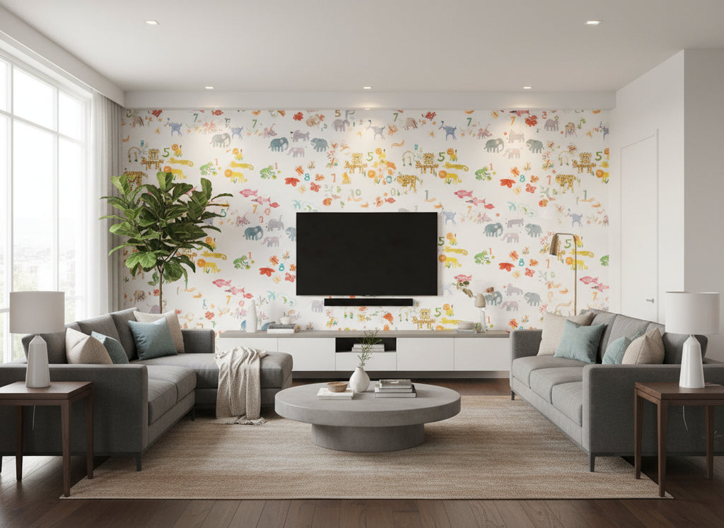 One, Two, Three One Two Three | Romo - Living Room Visualization (AI-generated, may not be to scale. Verify pattern scale with product specifications.)