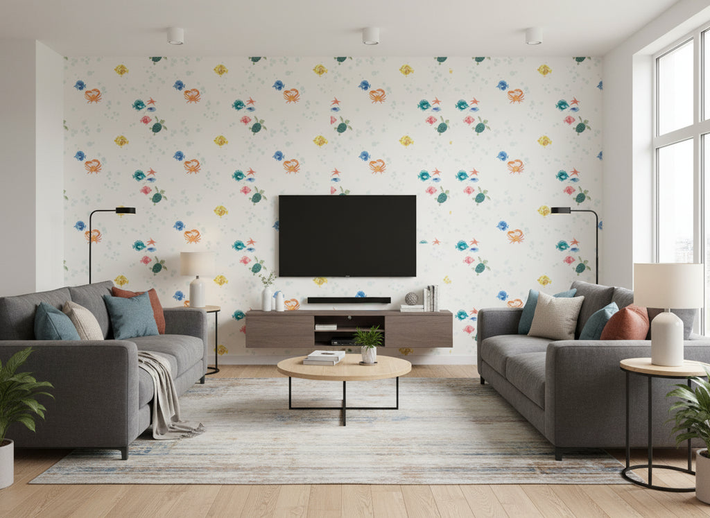 Something Fishy | Romo - Living Room Visualization (AI-generated, may not be to scale. Verify pattern scale with product specifications.)
