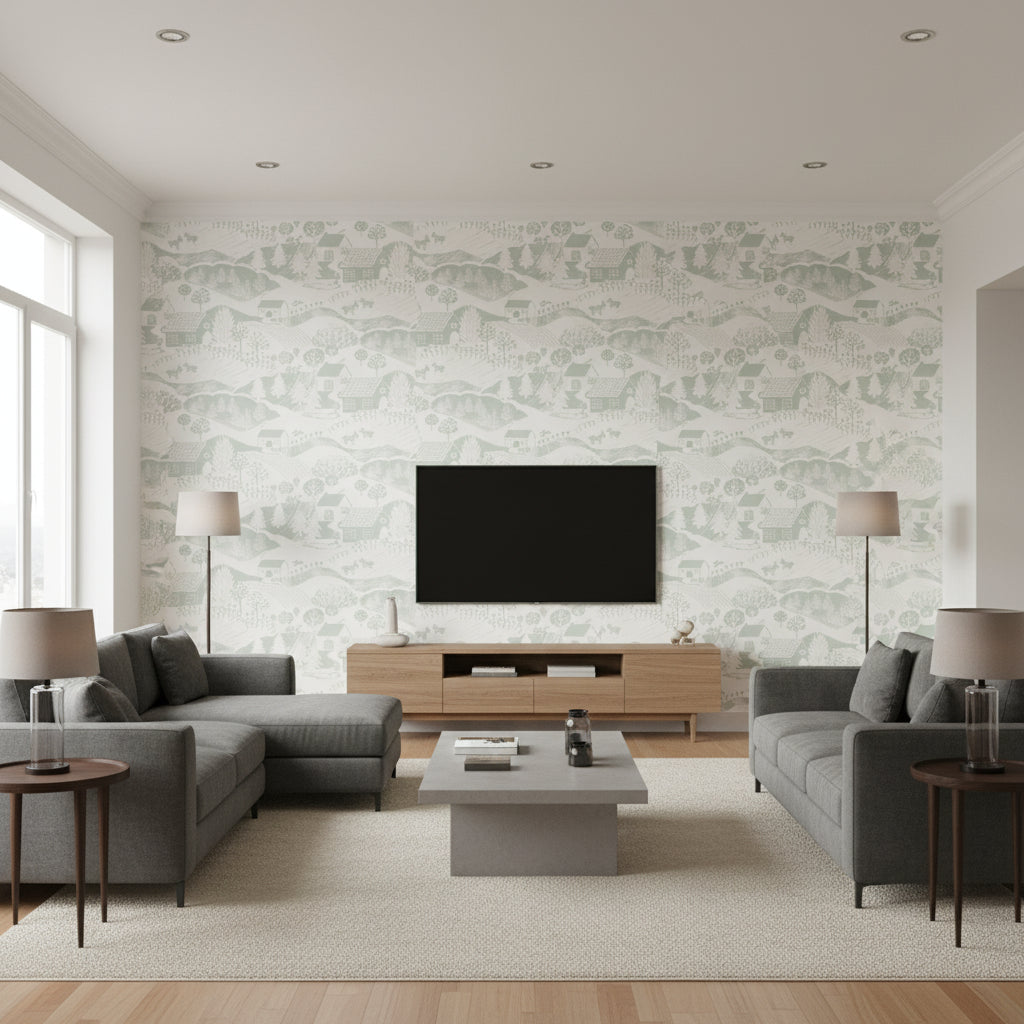 Far Far Away Glade | Romo - Living Room Visualization (AI-generated, may not be to scale. Verify pattern scale with product specifications.)