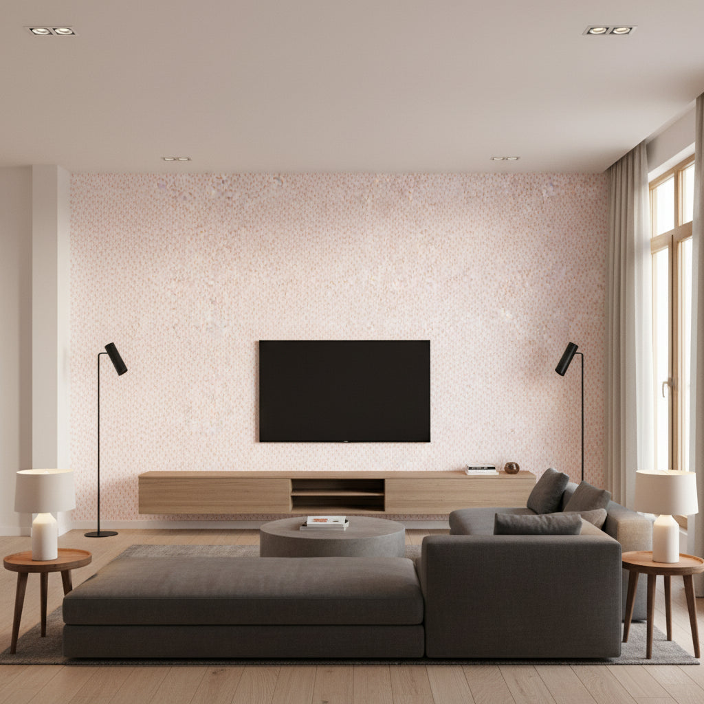 Raindrops Blush | Romo - Living Room Visualization (AI-generated, may not be to scale. Verify pattern scale with product specifications.)