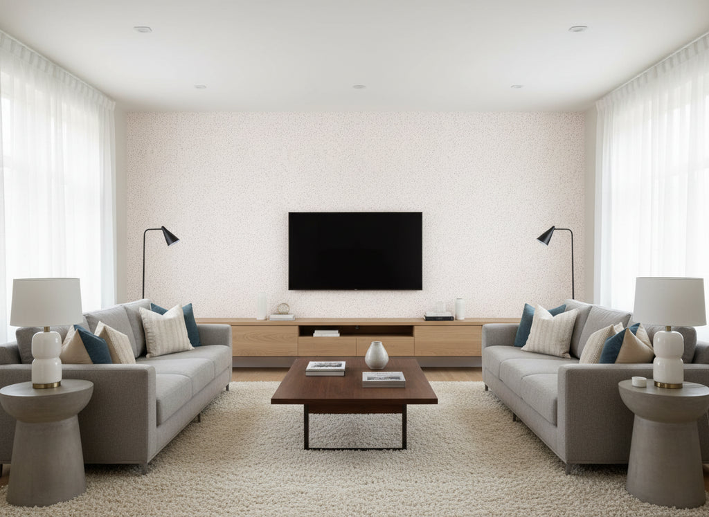 Raindrops ivory | Romo - Living Room Visualization (AI-generated, may not be to scale. Verify pattern scale with product specifications.)