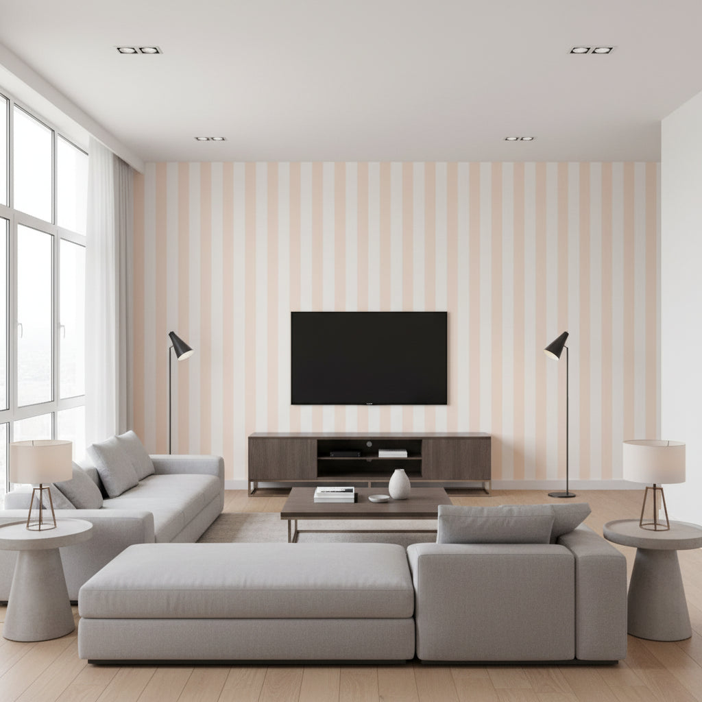 Candy Stripe Blush | Romo - Living Room Visualization (AI-generated, may not be to scale. Verify pattern scale with product specifications.)