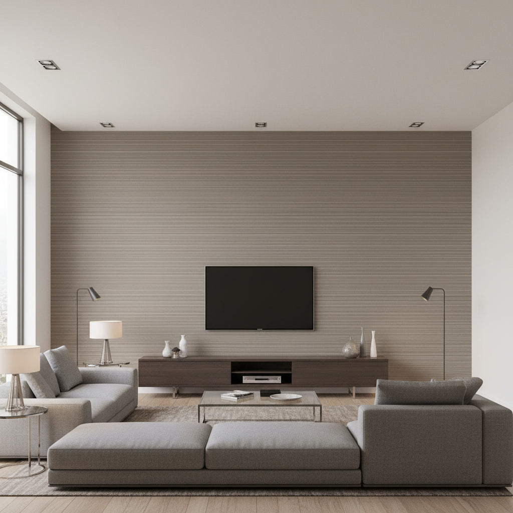 Lustro Tungsten | Romo - Living Room Visualization (AI-generated, may not be to scale. Verify pattern scale with product specifications.)