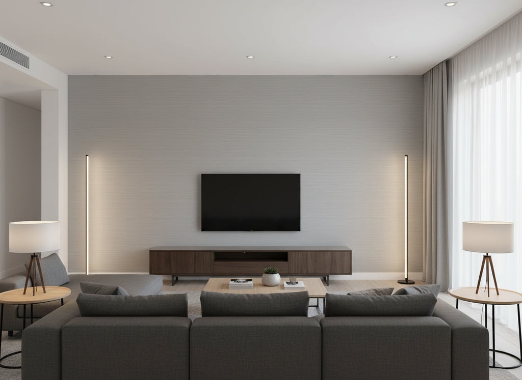 Lustro Glacier | Romo - Living Room Visualization (AI-generated, may not be to scale. Verify pattern scale with product specifications.)