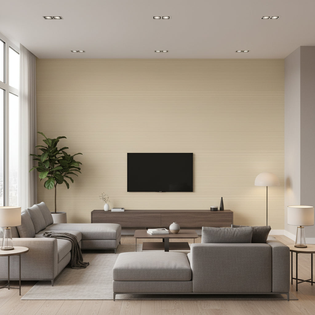 Lustro Cashmere | Romo - Living Room Visualization (AI-generated, may not be to scale. Verify pattern scale with product specifications.)
