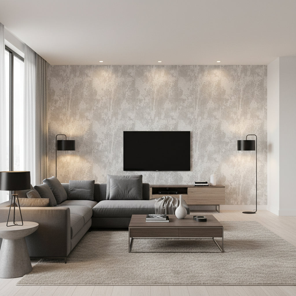 Utsuro Frost | Romo - Living Room Visualization (AI-generated, may not be to scale. Verify pattern scale with product specifications.)