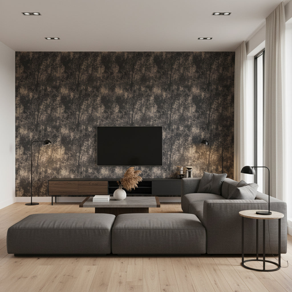 Utsuro Magma | Romo - Living Room Visualization (AI-generated, may not be to scale. Verify pattern scale with product specifications.)