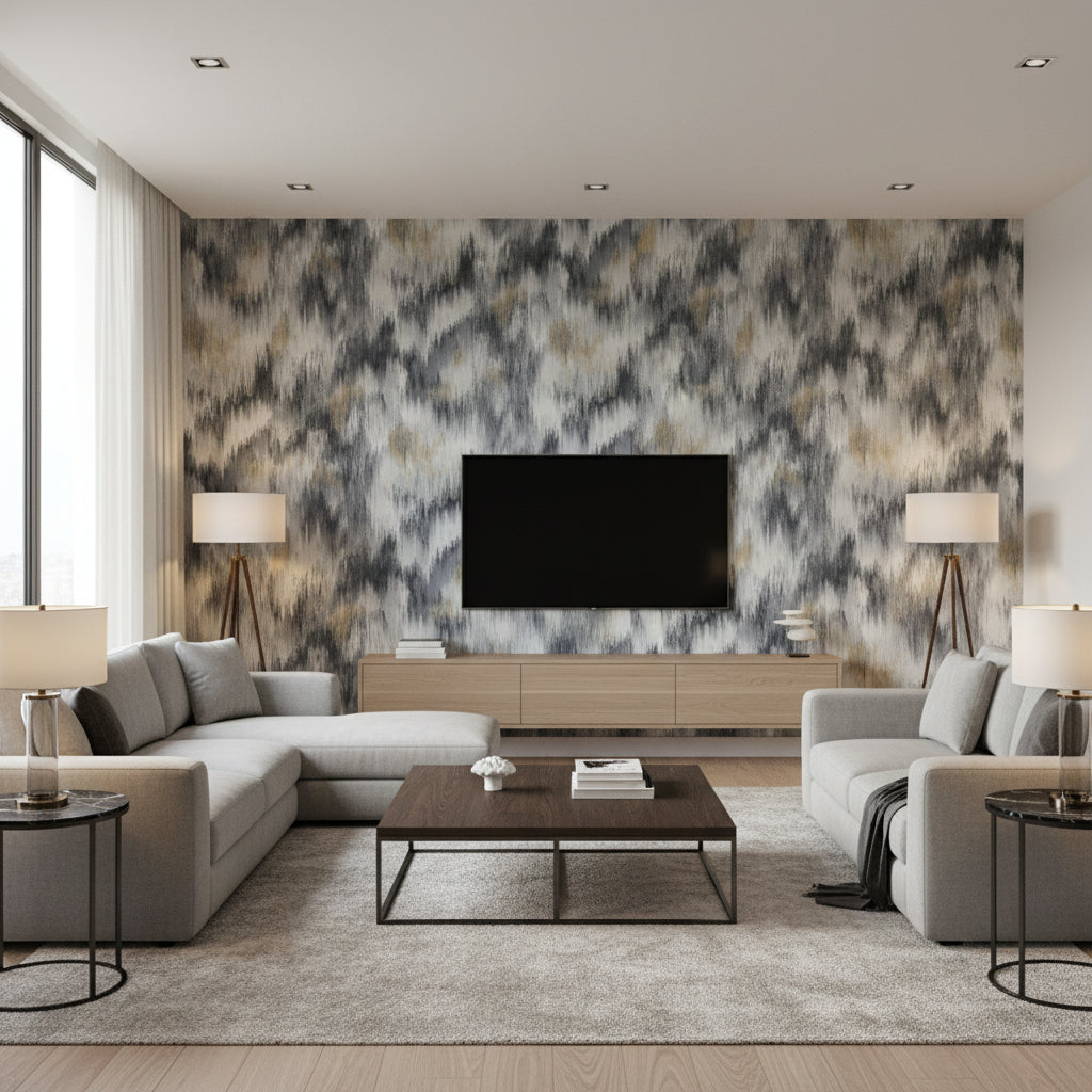 Hanawa Storm | Romo - Living Room Visualization (AI-generated, may not be to scale. Verify pattern scale with product specifications.)
