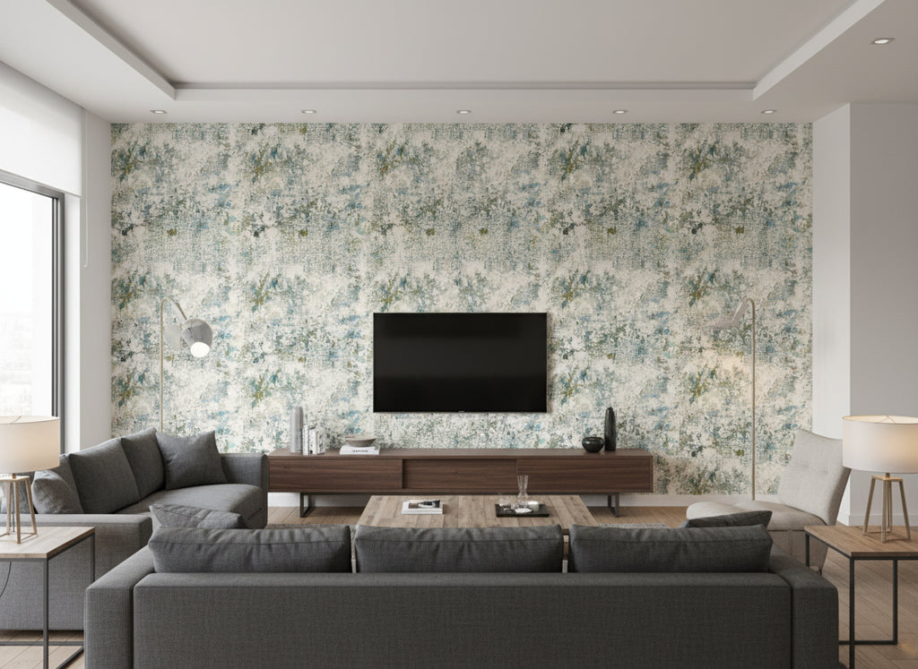 Katsura Peacock | Romo - Living Room Visualization (AI-generated, may not be to scale. Verify pattern scale with product specifications.)
