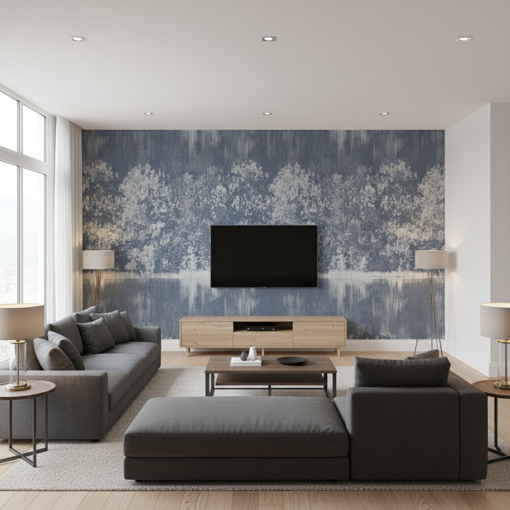 Mizumi Panel Midnight | Romo - Living Room Visualization (AI-generated, may not be to scale. Verify pattern scale with product specifications.)