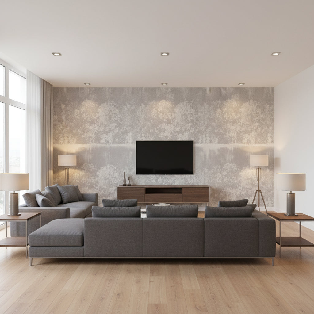 Mizumi Panel Basalt | Romo - Living Room Visualization (AI-generated, may not be to scale. Verify pattern scale with product specifications.)