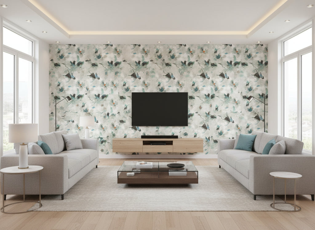 Orimono Peacock | Romo - Living Room Visualization (AI-generated, may not be to scale. Verify pattern scale with product specifications.)