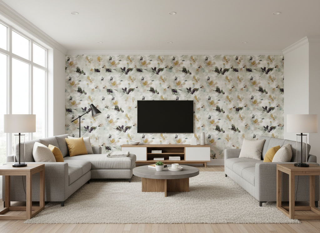 Orimono Lotus | Romo - Living Room Visualization (AI-generated, may not be to scale. Verify pattern scale with product specifications.)