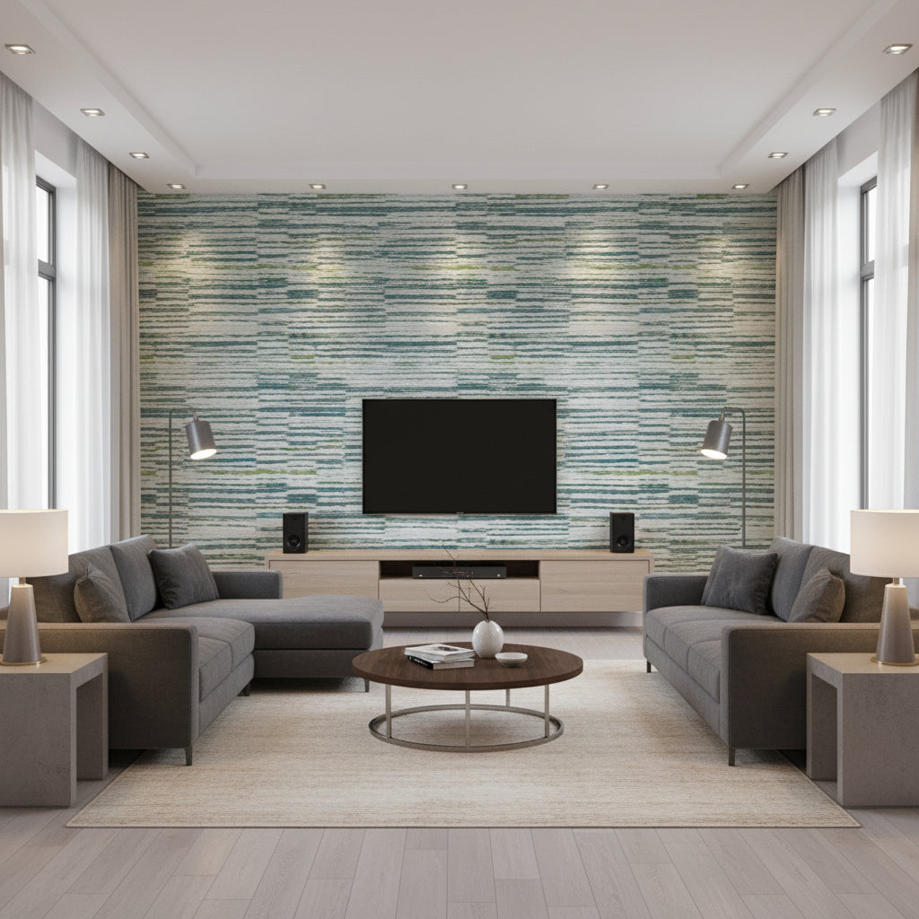 Marazzi Peacock | Romo - Living Room Visualization (AI-generated, may not be to scale. Verify pattern scale with product specifications.)