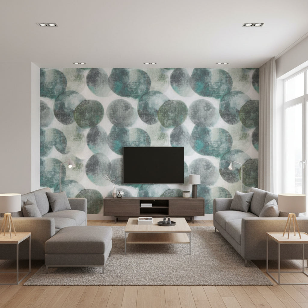 Lune Peacock | Romo - Living Room Visualization (AI-generated, may not be to scale. Verify pattern scale with product specifications.)
