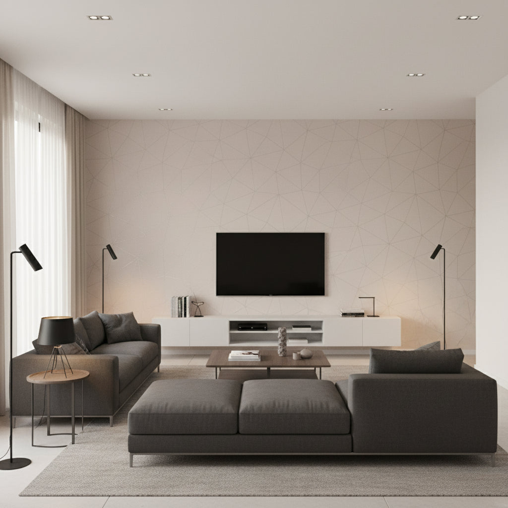 Kivuli beige | Romo - Living Room Visualization (AI-generated, may not be to scale. Verify pattern scale with product specifications.)