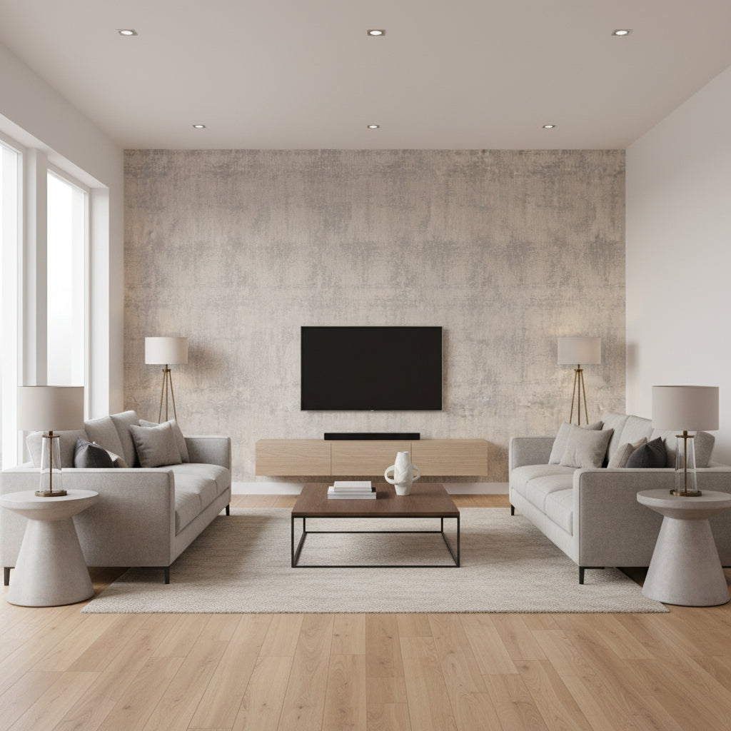 Jackson Steel | Romo - Living Room Visualization (AI-generated, may not be to scale. Verify pattern scale with product specifications.)