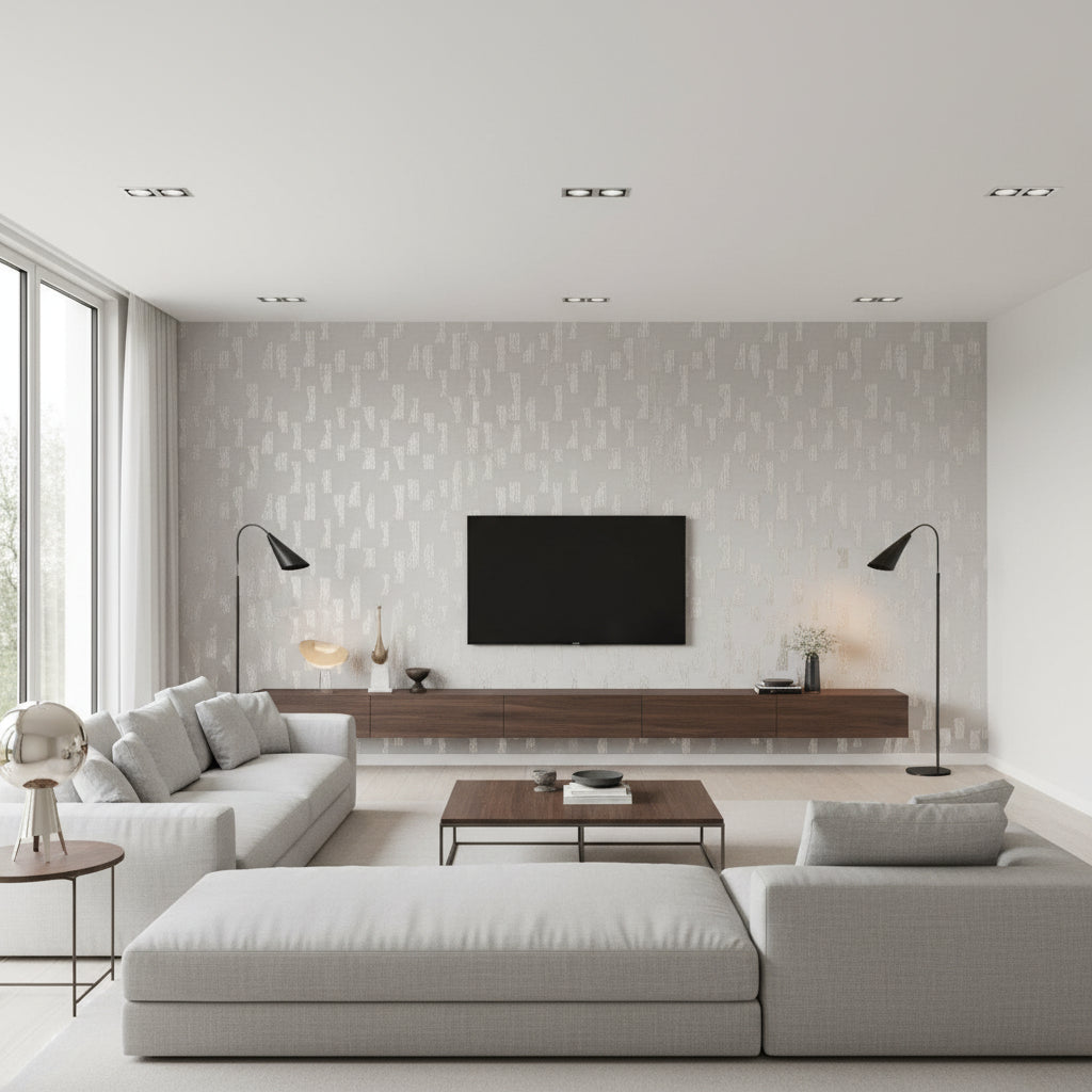 Mysa Oro | Romo - Living Room Visualization (AI-generated, may not be to scale. Verify pattern scale with product specifications.)