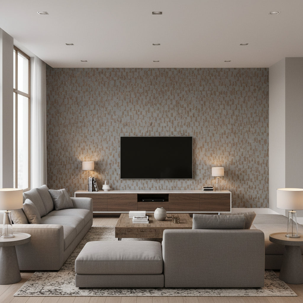 Mysa Copper | Romo - Living Room Visualization (AI-generated, may not be to scale. Verify pattern scale with product specifications.)