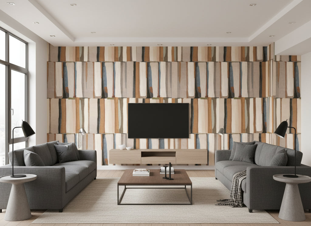 Quadrata Sienna | Romo - Living Room Visualization (AI-generated, may not be to scale. Verify pattern scale with product specifications.)
