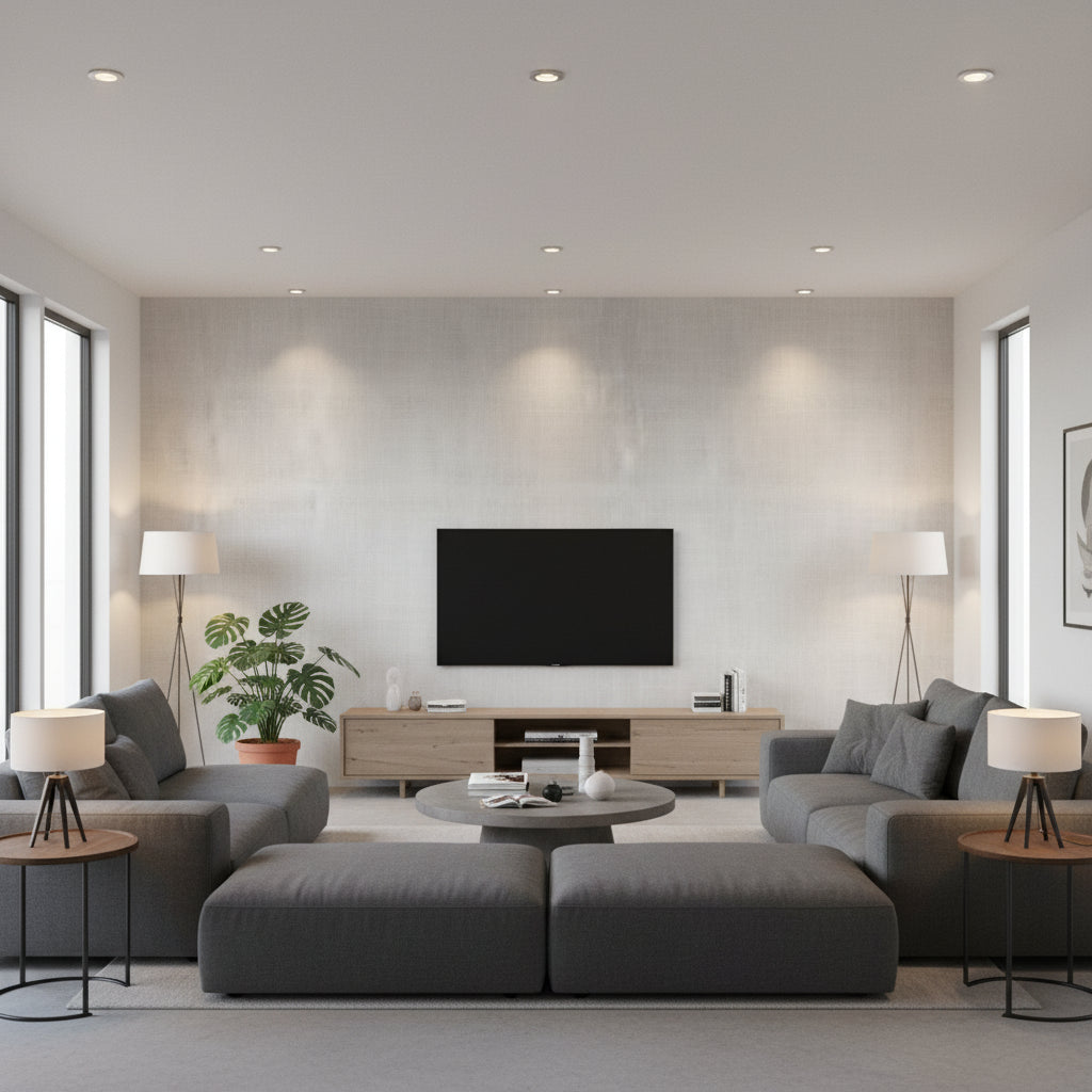 Sieta Silver | Romo - Living Room Visualization (AI-generated, may not be to scale. Verify pattern scale with product specifications.)
