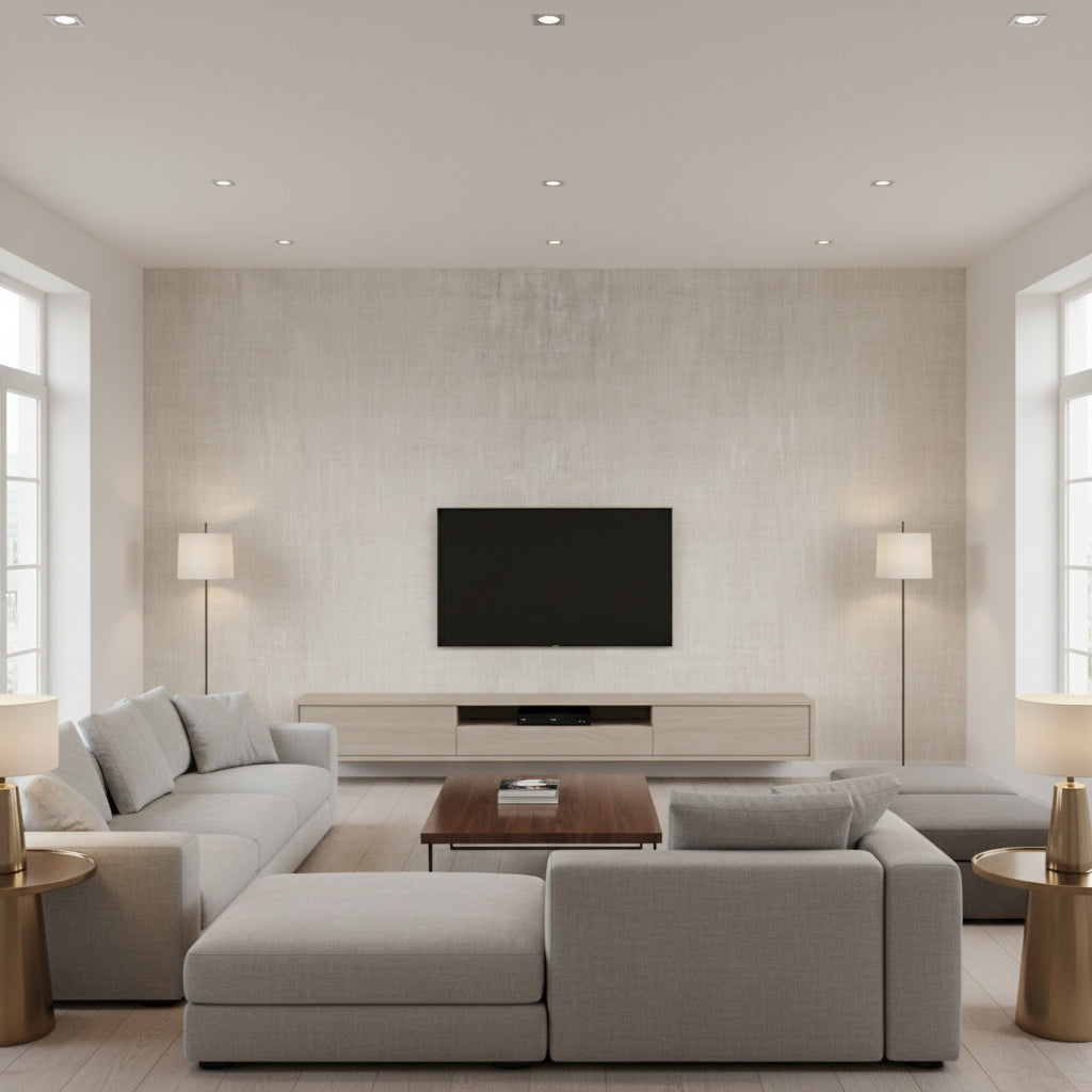 Sieta Indium | Romo - Living Room Visualization (AI-generated, may not be to scale. Verify pattern scale with product specifications.)
