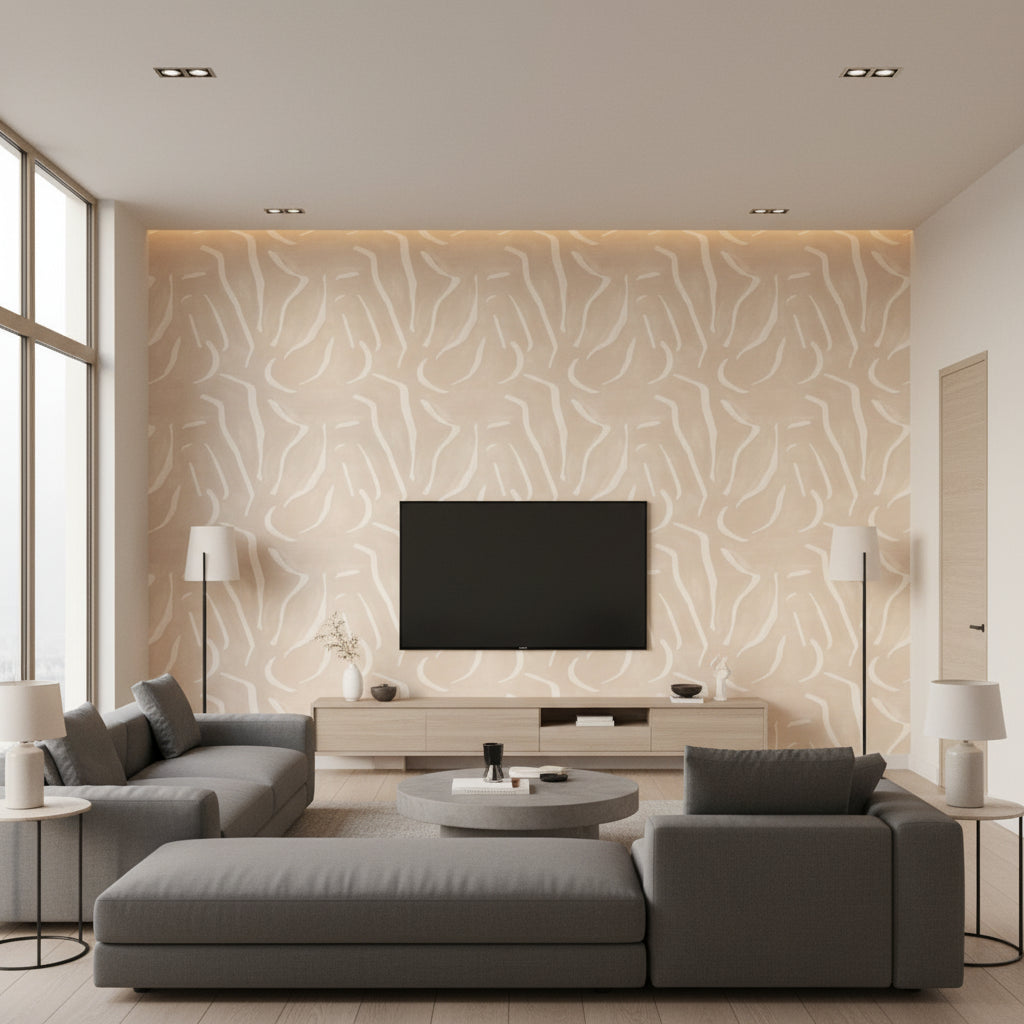 Contour Stucco | Romo - Living Room Visualization (AI-generated, may not be to scale. Verify pattern scale with product specifications.)