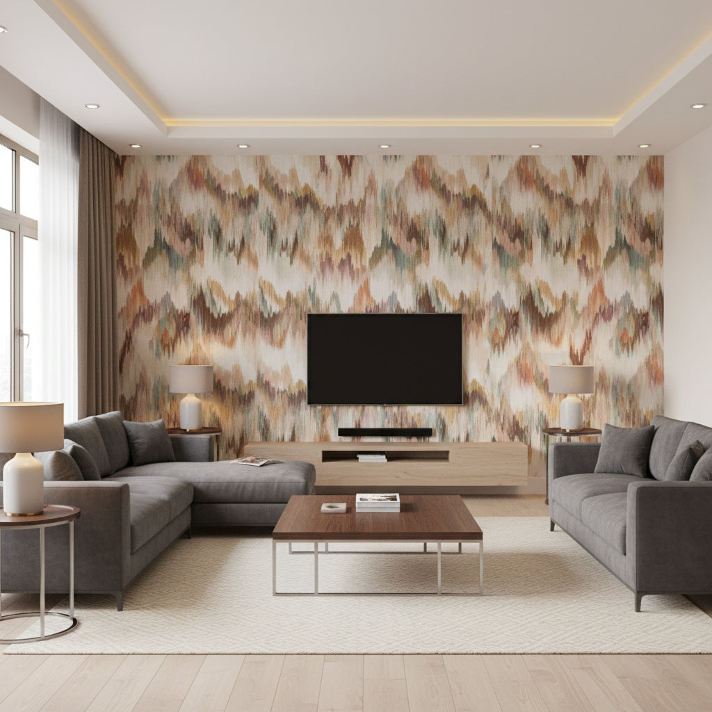 Ebru Mehndi | Romo - Living Room Visualization (AI-generated, may not be to scale. Verify pattern scale with product specifications.)