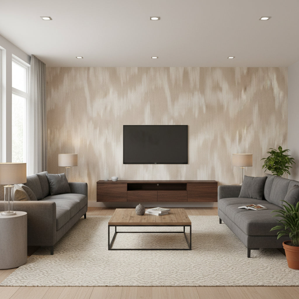 Ruhani Moonstone | Romo - Living Room Visualization (AI-generated, may not be to scale. Verify pattern scale with product specifications.)