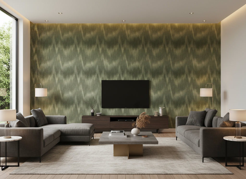 Ruhani Serpentine | Romo - Living Room Visualization (AI-generated, may not be to scale. Verify pattern scale with product specifications.)
